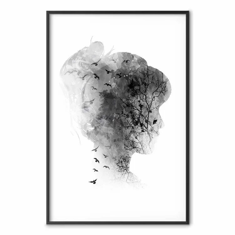 Mente abierta: abstracción blanco y negro retrato mujer pájaros