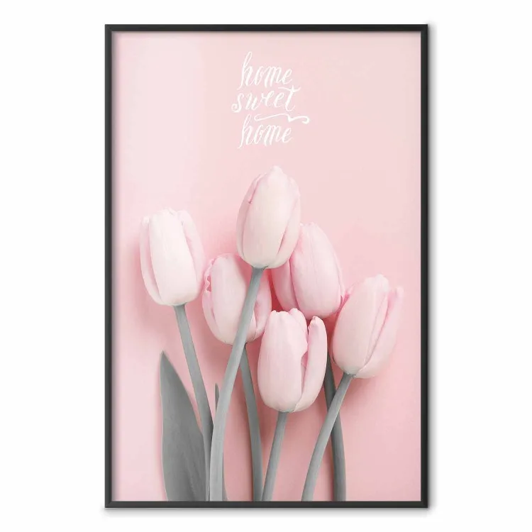 Seis tulipanes: flores rosadas inscripciones fondo pastel