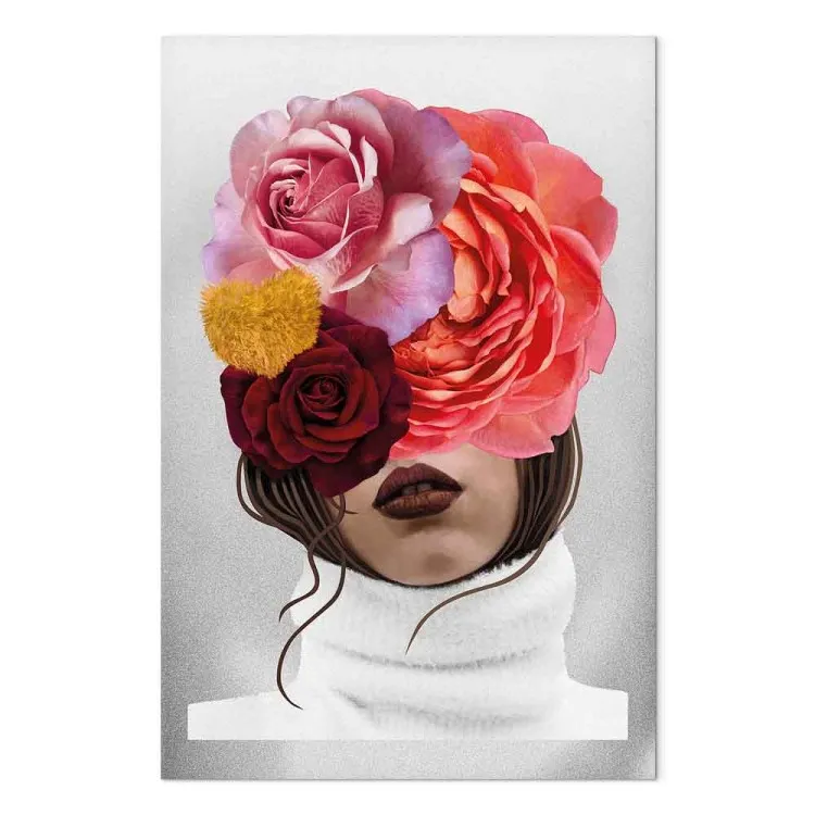Peonías y rosas cubriendo el rostro de una mujer - retrato abstracto