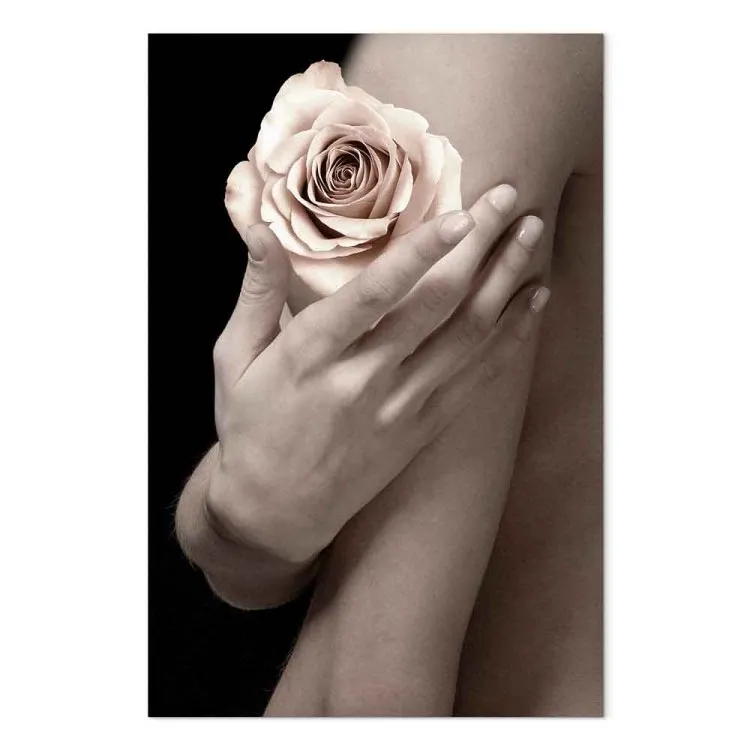 Rosa de té en la palma de la mano - foto de mujer con flor en la mano