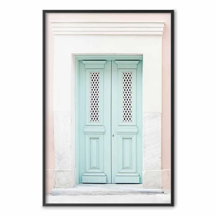 Invitación de menta - puertas turquesas en arquitectura pastel