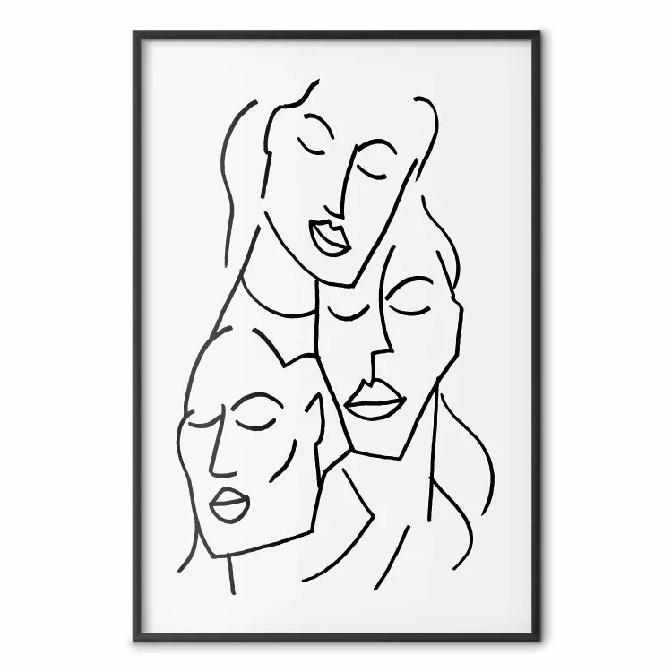 Tres caras - dibujo lineal negro de caras sobre fondo gris uniforme