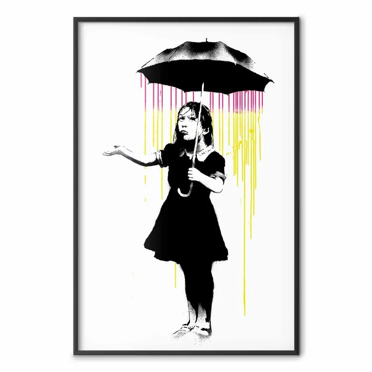 Chica con paraguas - chica blanca y negra bajo una lluvia colorida