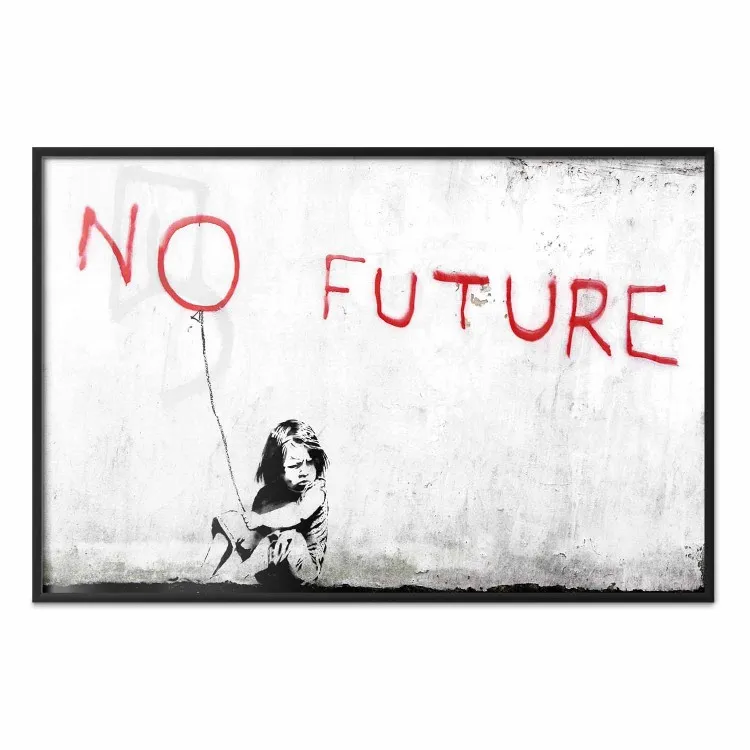 Sin futuro - mural de una niña con letras en blanco y negro y rojo