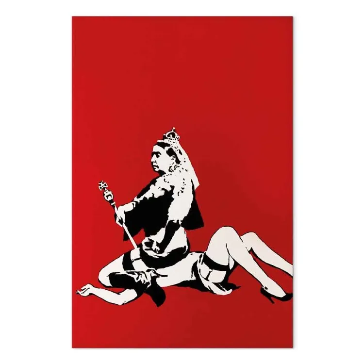 Banksy's Queen - Gráfico de estilo de arte callejero sobre fondo rojo