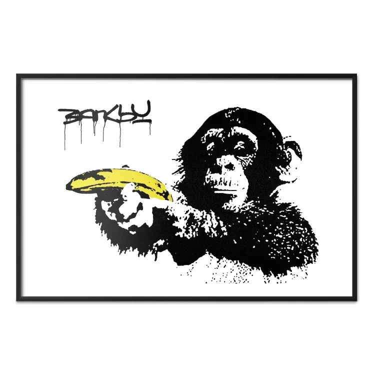 Mono con plátano - animal negro con fruta amarilla sobre fondo blanco
