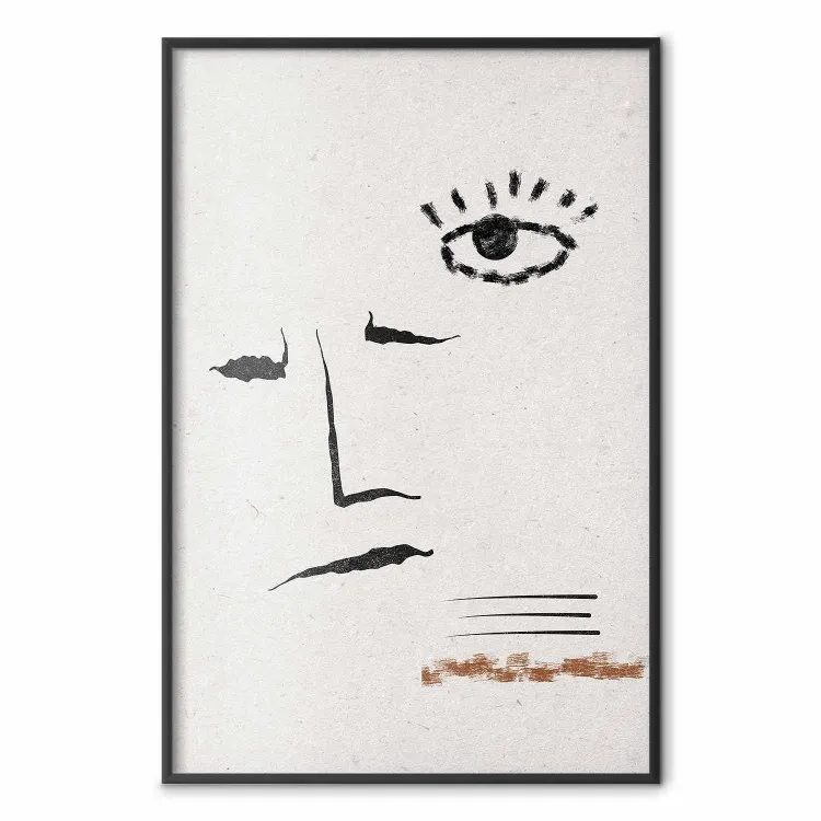 Sonrisa esbozada: cara y ojo abstractos negros sobre fondo gris