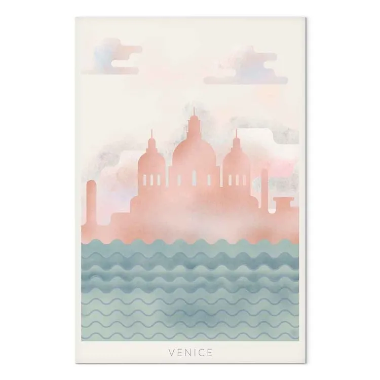 Venecia sobre las olas - dibujo del centro de la ciudad, rosa y azul