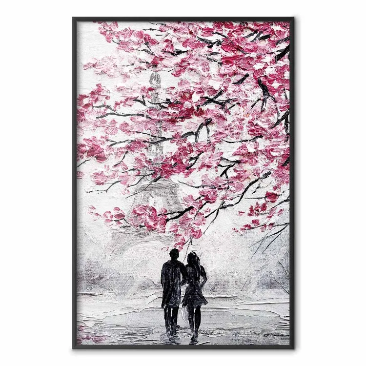 Abril en París - paisaje romántico con pareja y árbol de hojas rosas