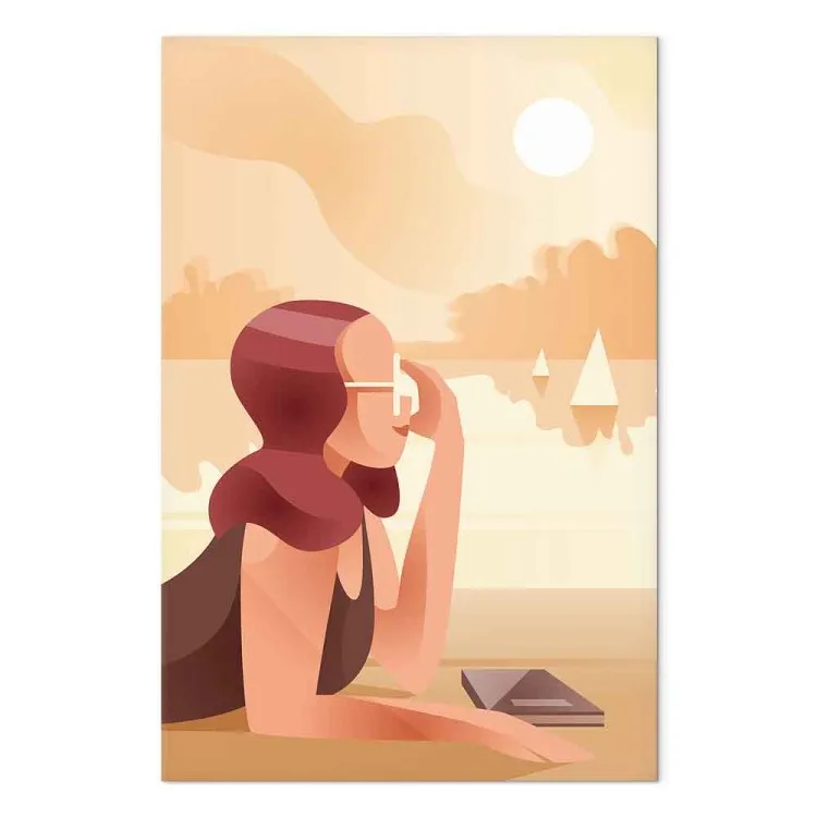 Mujer en lago - gráfico con playa, silueta de mujer y barcos de vela