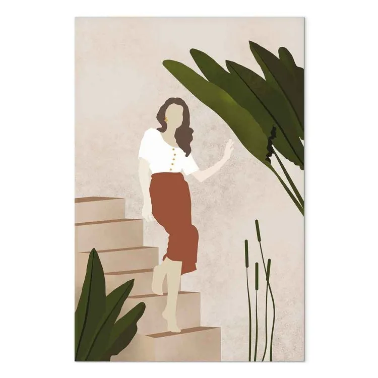 Mujer bajando las escaleras - composición en estilo scandi boho