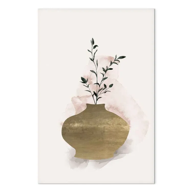 Jarrón marrón con rama verde - naturaleza muerta en estilo scandi boho
