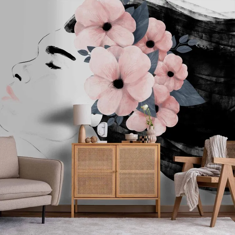 Encanto femenino - composición con el rostro de un personaje y flores