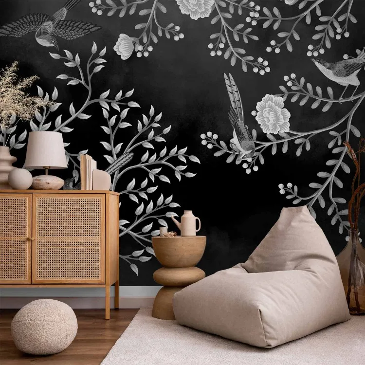 Pájaros entre ramas - obra en blanco y negro inspirada en naturaleza
