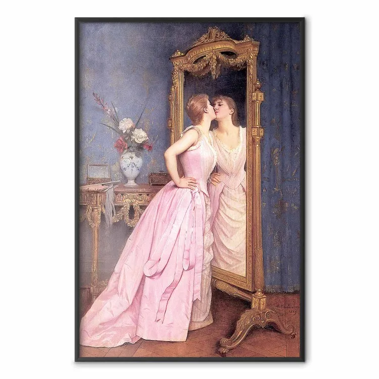 Vanidad - mujer con vestido largo rosa frente al espejo