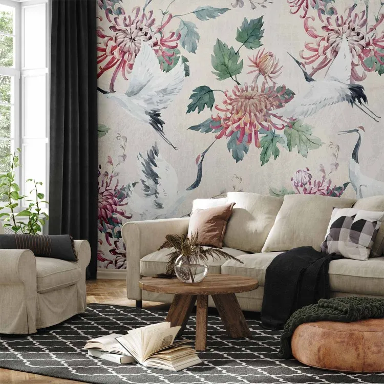 Composición oriental - motivo de grullas con flores y hojas con fondo