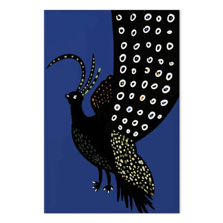 Pavo real oriental (1 parte) - ave negra sobre fondo azul oscuro