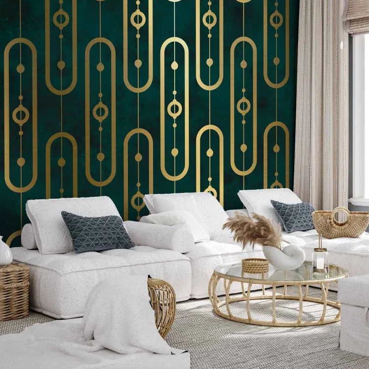 Art déco - abstracción con cadena dorada en fondo turquesa