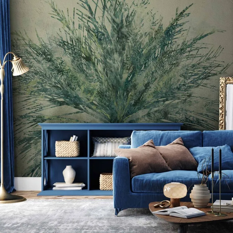 Descanso en naturaleza - paisaje con planta pintada y fondo uniforme
