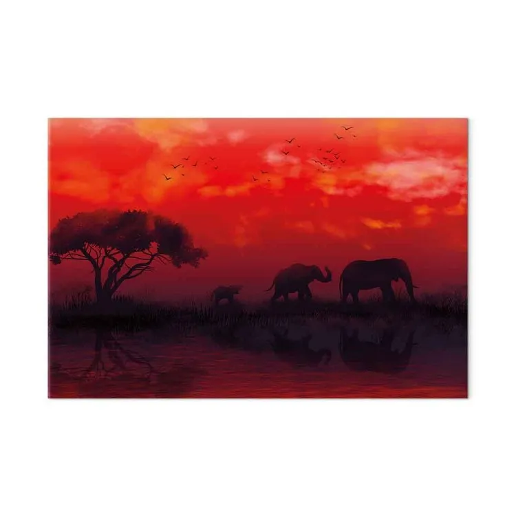 Paisaje africano (1-pieza) amplio - elefantes y cielo rojo