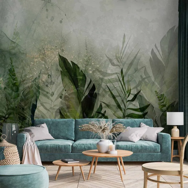 In the Morning Dew - A Landscape of Leaves on a Green Background