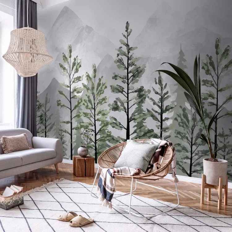 Paisaje montañoso - árboles altos verdes y montañas puntiagudas