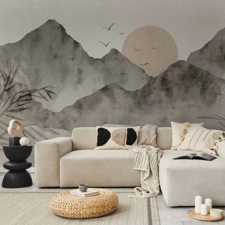 Paisaje wabi-sabi - puesta de sol y montañas en estilo japonés