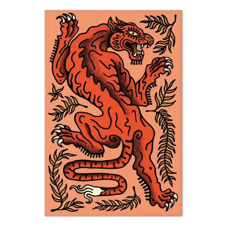 Tigre rojo (1-parte) - felino salvaje entre hojas sobre fondo salmón