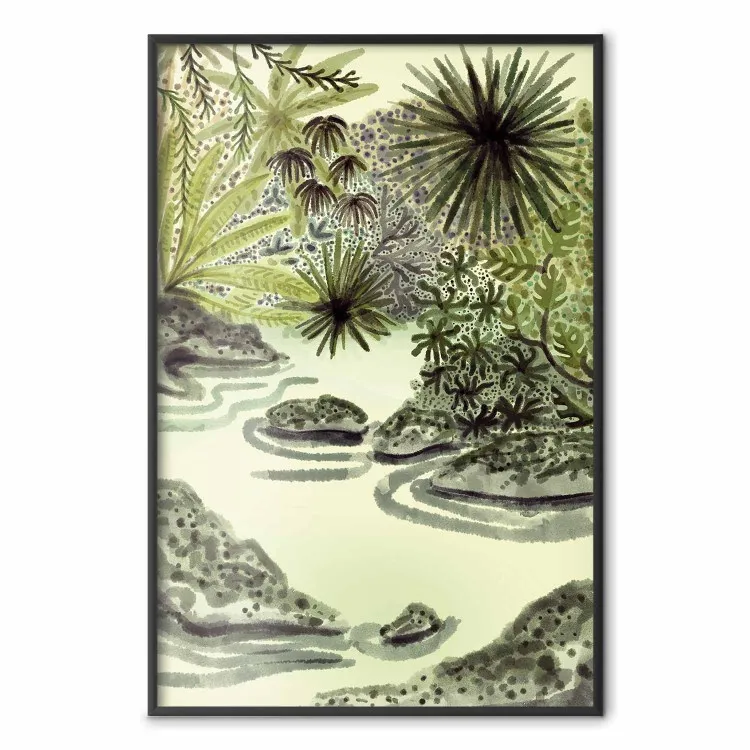 Lago tropical - paisaje en acuarela en tonos verdes