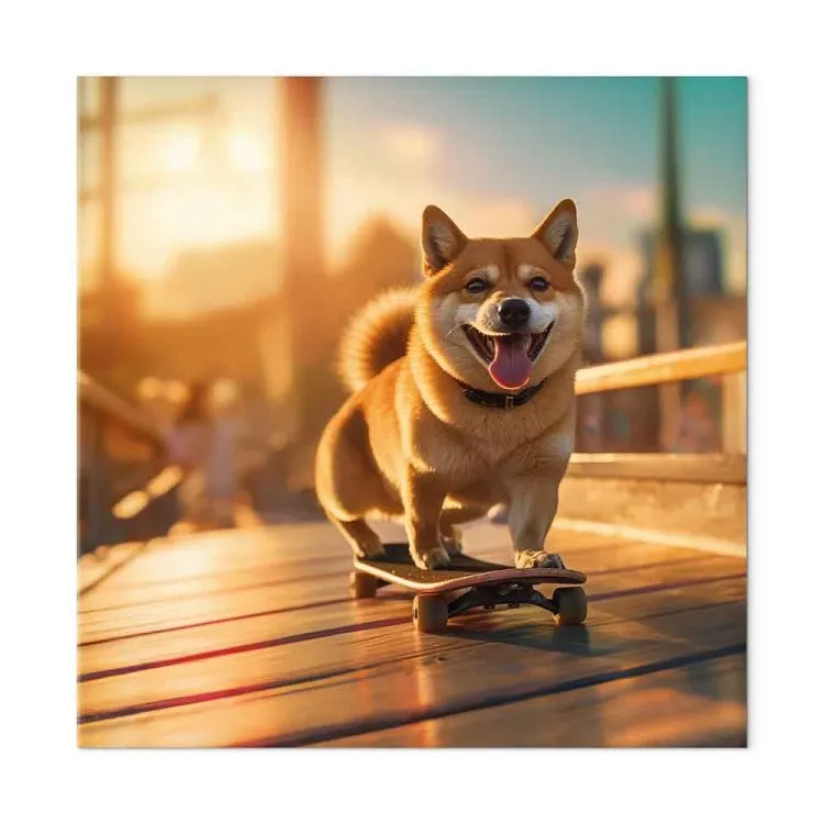 AI Shiba Dog - Smiling Animal on Skateboard at Sunset - Square