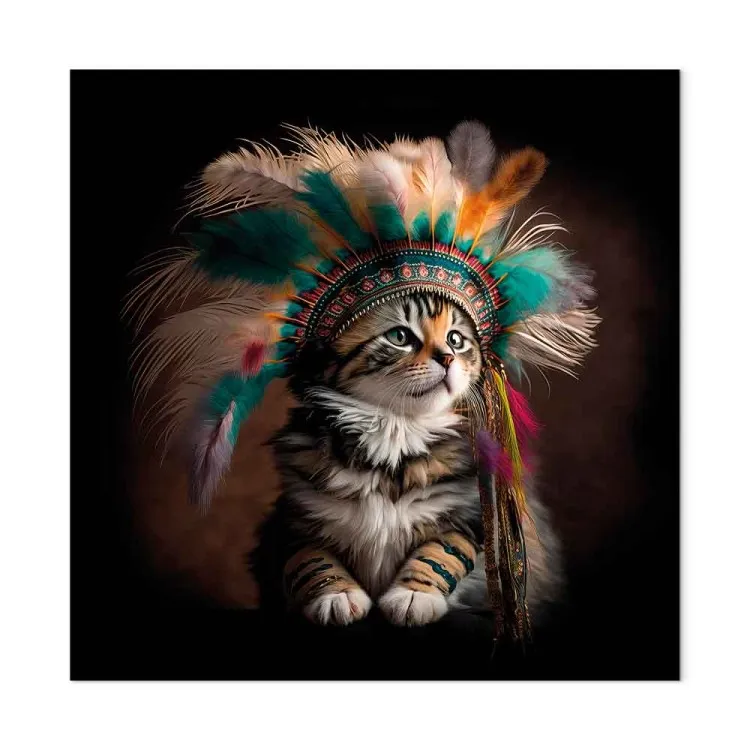 AI Kitty - Portrait of a Proud Animal in an Indian Headdress - Square