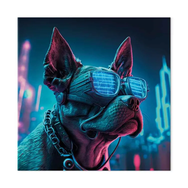 AI Dog Boston Terrier - Blue Animal in Glowing Glasses on City Neon Background - Square