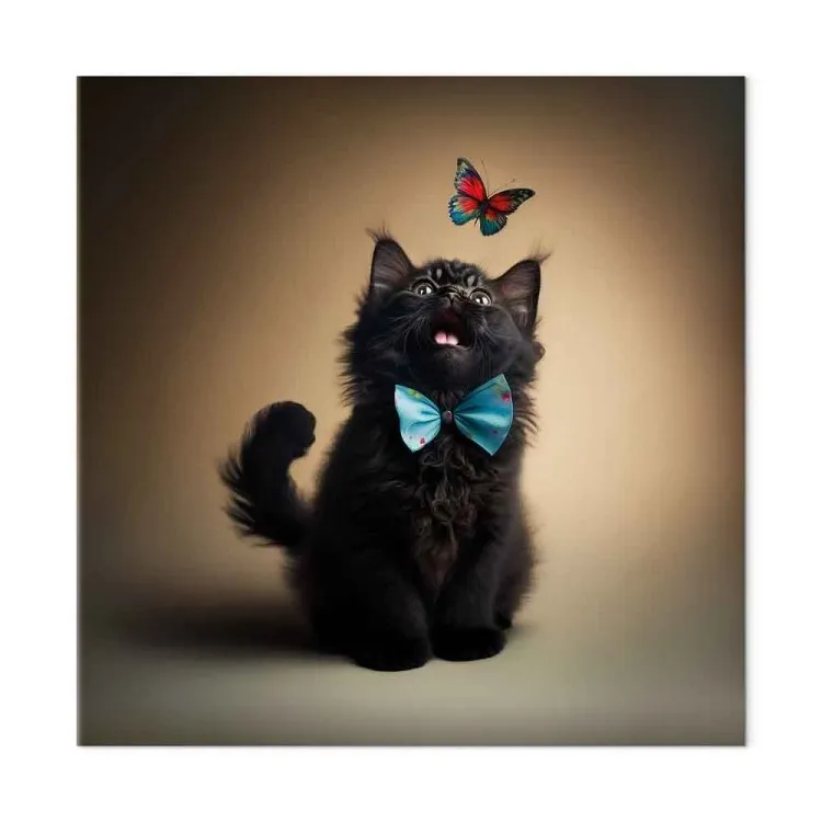 AI Cat - Animal in a Bow Tie Watching a Colorful Butterfly - Square