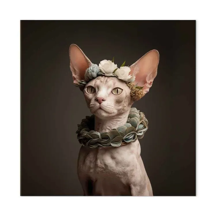 AI Sphinx Cat - Animal Portrait With Long Ears and Plant Jewelry - Square