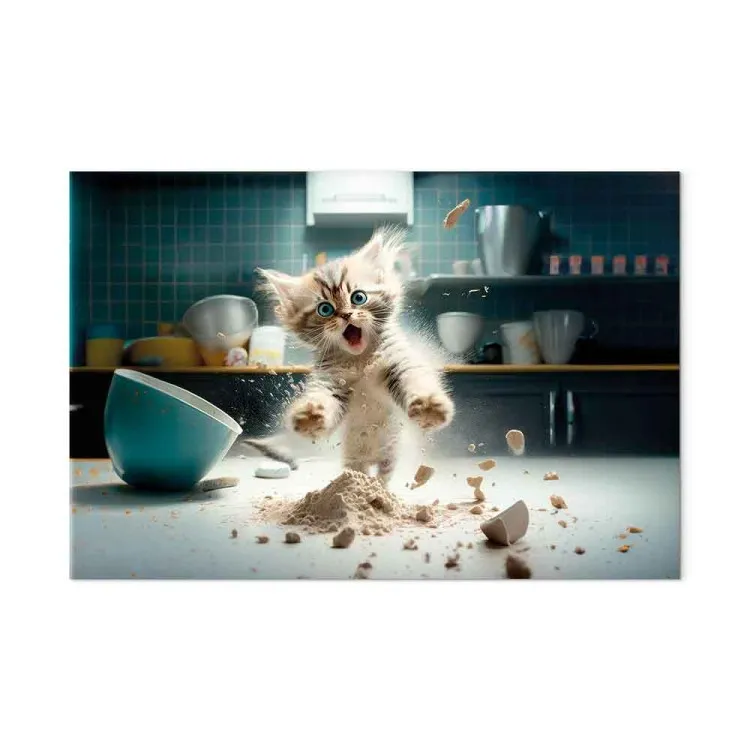 AI Maine Coon Cat - Scared Animal at Kitchen Work - Horizontal