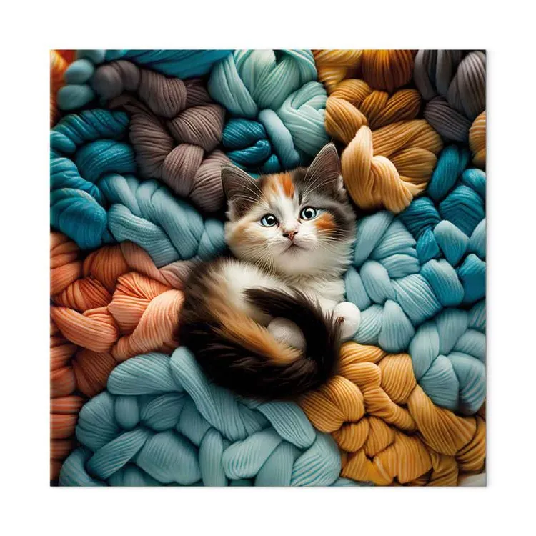 AI Calico Cat - Tortoiseshell Animal Resting on Bundles of Colorful Yarns - Square