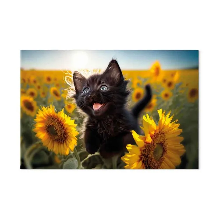 AI Cat - Black Animal Dancing in a Field of Sunflowers in a Sunny Glow - Horizontal