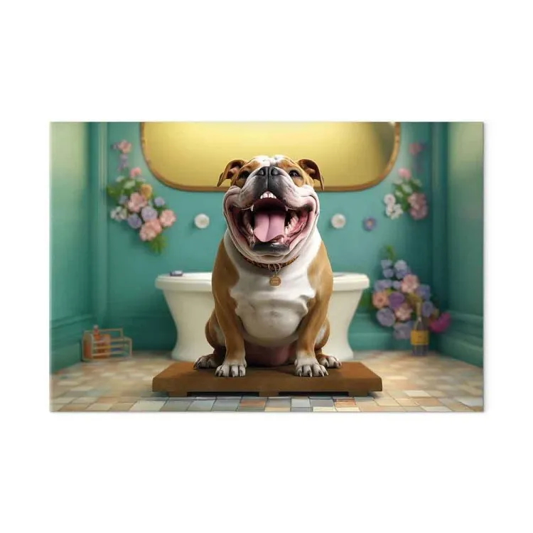 AI French Bulldog Dog - Animal Waiting In Colorful Bathroom - Horizontal