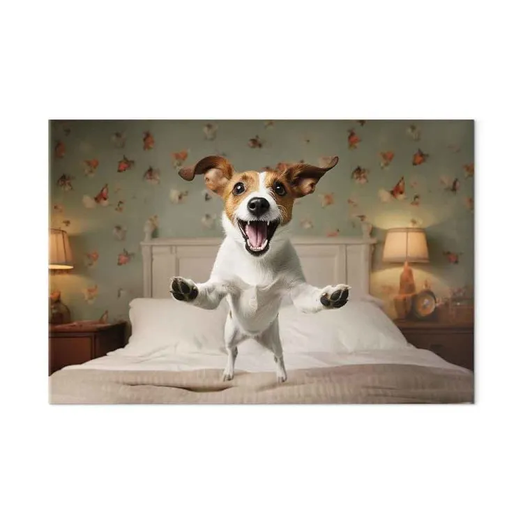 AI Dog Jack Russell Terrier - Joyful Animal Jumping From Bed Into Owner’s Arms - Horizontal