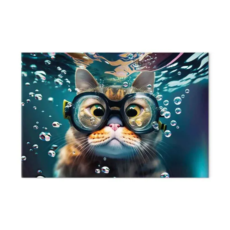 AI Cat - Diving Animal in Goggles Among Bubbles - Horizontal
