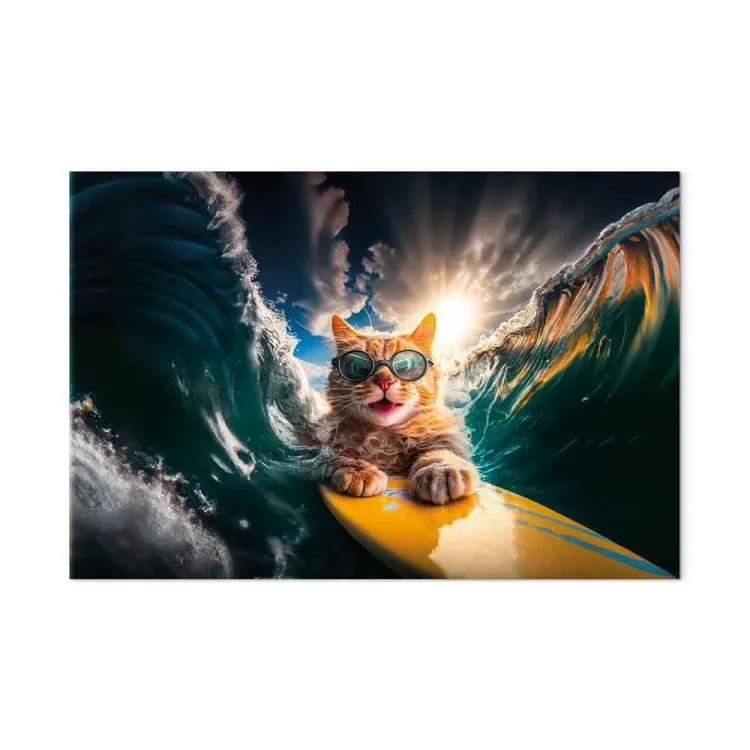 AI Cat - Ginger Animal Surfing on a Board in a Stormy Sea - Horizontal