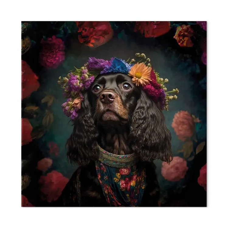 AI Dog Cocker Spaniel - Frida Kahlo Style Animal Fantasy Portrait - Square