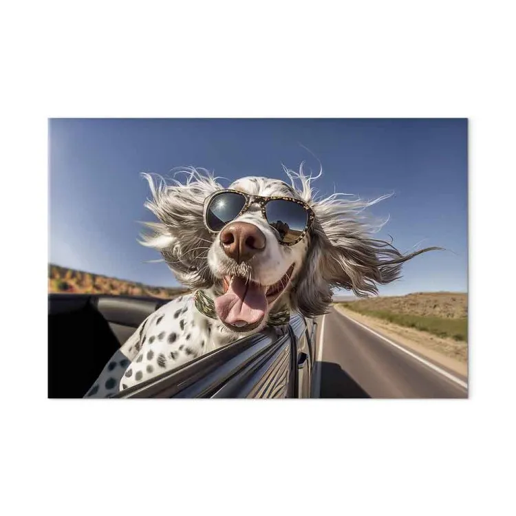AI English Setter Dog - Animal With Glasses Riding in a Car - Horizontal