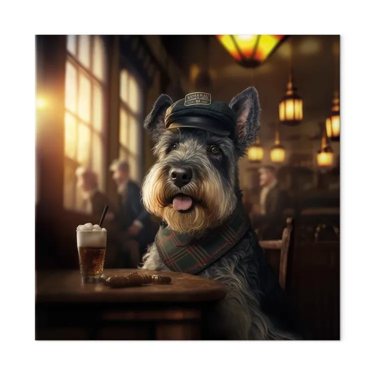 AI Dog Miniature Schnauzer - Portrait of a Animal in a Pub With a Beer - Square