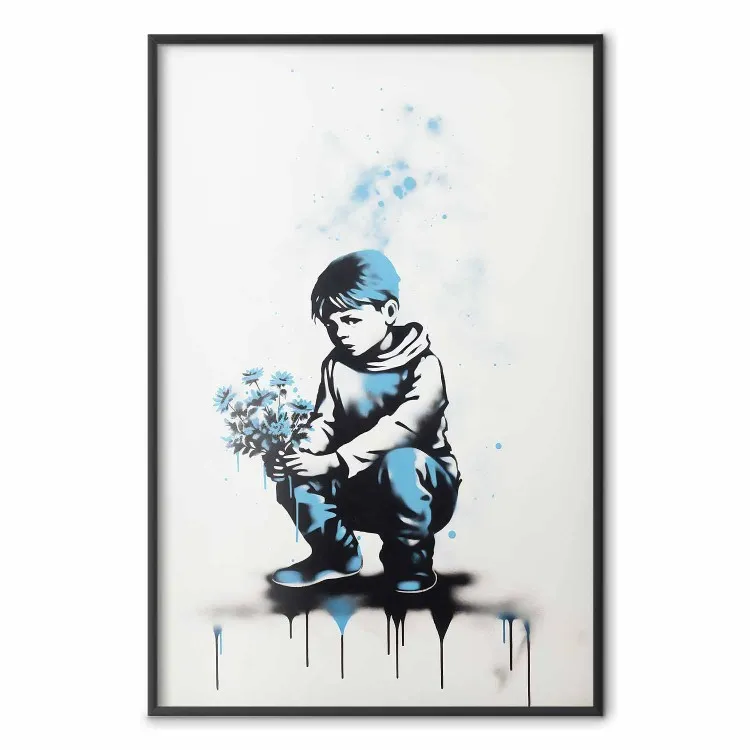 Graffiti azul - niño con ramo de flores inspirado en el estilo Banksy