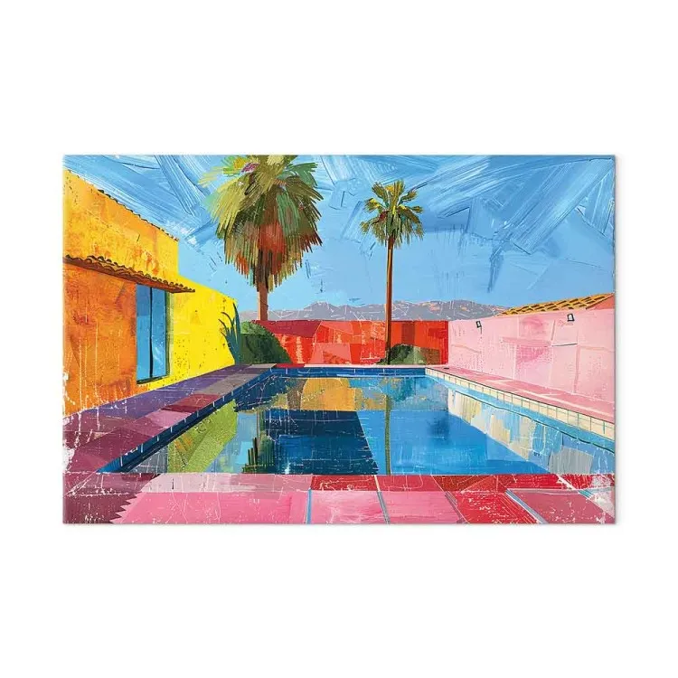 Piscina colorida: palmeras tropicales y paredes de colores