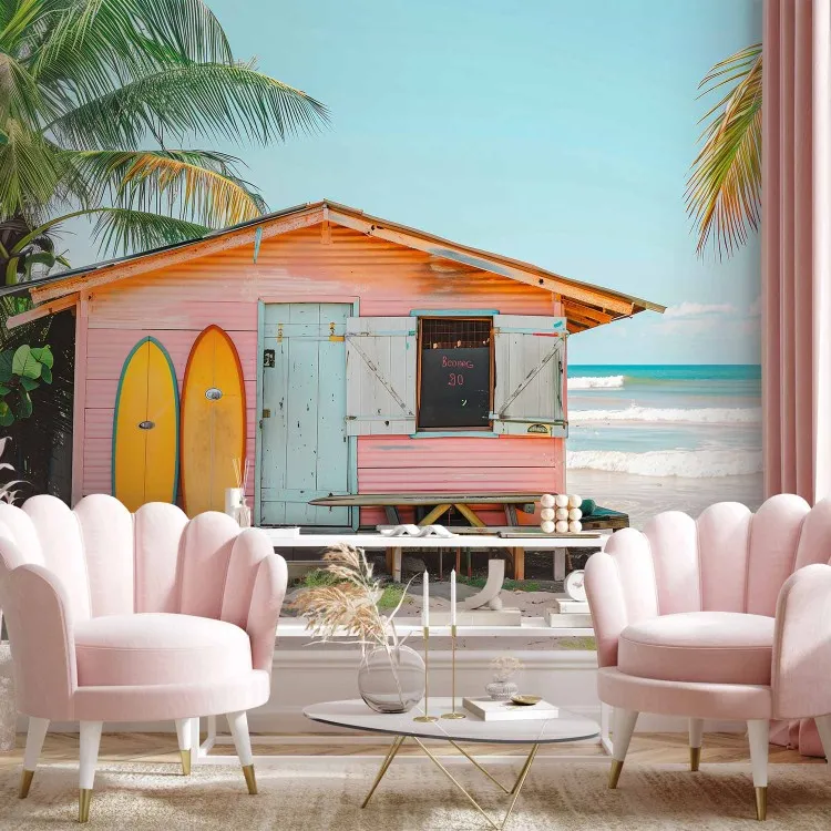 Surf Shack - bungalow colores pastel, tablas surf y palmeras