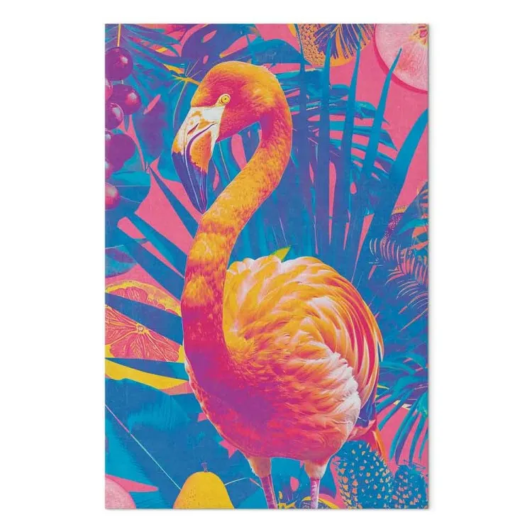 Colorido flamenco: ave exótica entre hojas tropicales y jugosas frutas