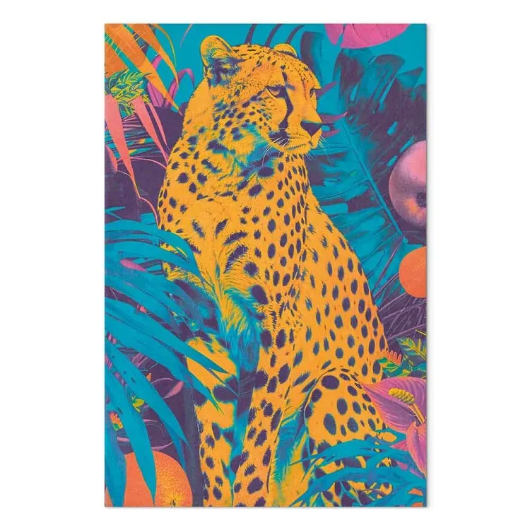 Guepardo pop-art - felino entre plantas tropicales en vivos colores